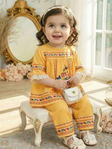 SHEIN 2pcs/Set Baby Girls' Casual Pattern Print Top And Pants Set, Suitable For Spring/Summer, Home, Outdoor, Holiday, Party, Daily Wear - Multicolor - View 1