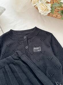 Genkimix Kids Tween Girl Letter Graphic Long Sleeve Single-Breasted Hollow-Out Knit Cardigan And Knit Pleated Mini Skirt Set - Black - View 3