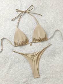 Soleia Damskie jednokolorowe bikini z wiązaniem na szyi, letnie - Kolor khaki - Zobacz 2