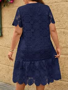 Reflora Plus Size Summer Casual Solid Color Water-Soluble Lace Short Sleeve Dress Navy Blue Eyelet Women Maweii - Navy Blue - View 2