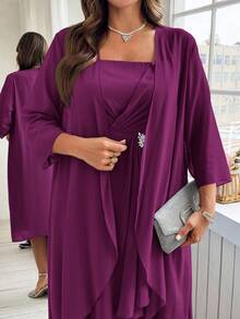 Ellevyn Plus Size Solid Color Camisole Wrap Dress And Jacket Elegant Suit - Red Violet - View 4