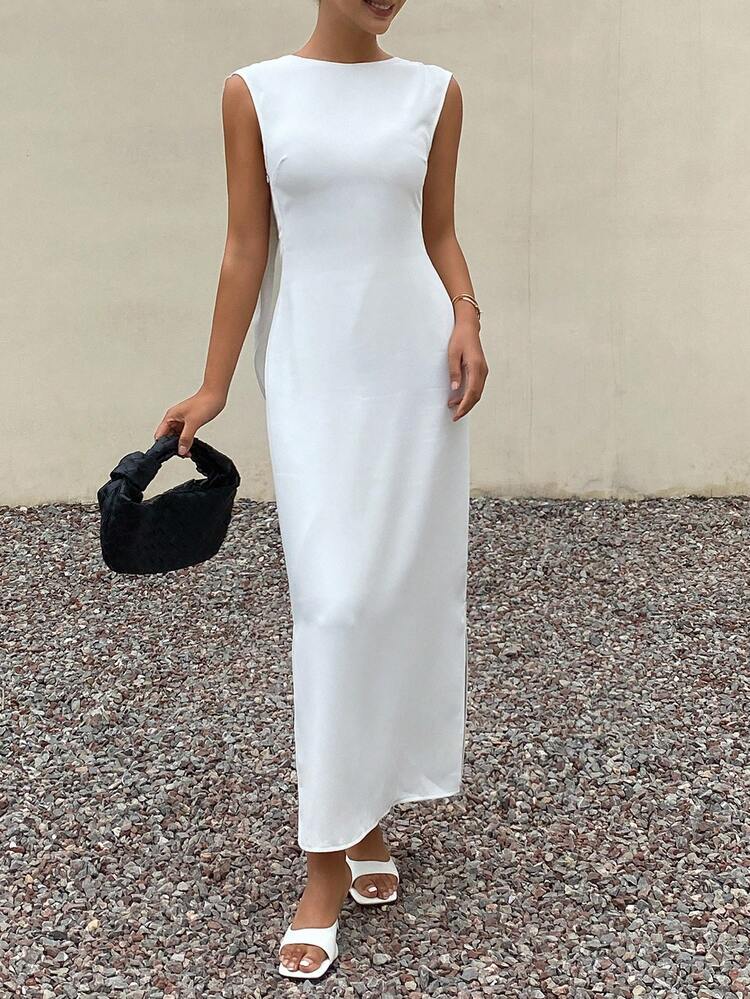 Women's Solid Color Round Neck Sleeveless Fitted Side Slit Hem Dress With Metal Design At Back Wedding Guest Dress Sundress