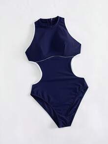 Swim SPRTY Women's Summer Beach Vacation Style Waist Hollow Out Contrast Binding Zipper Design One-Piece Swimsuit - Navy Blue - View 3