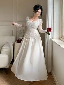 DAZY 春夏白色蕾丝连衣裙，时尚派对礼服，优雅修身正式连衣裙，适合婚礼、宴会、舞会、通勤等场合，透视网纱拼接腰部A字连衣裙，女士吊带裙 - 米色 - 查看 2