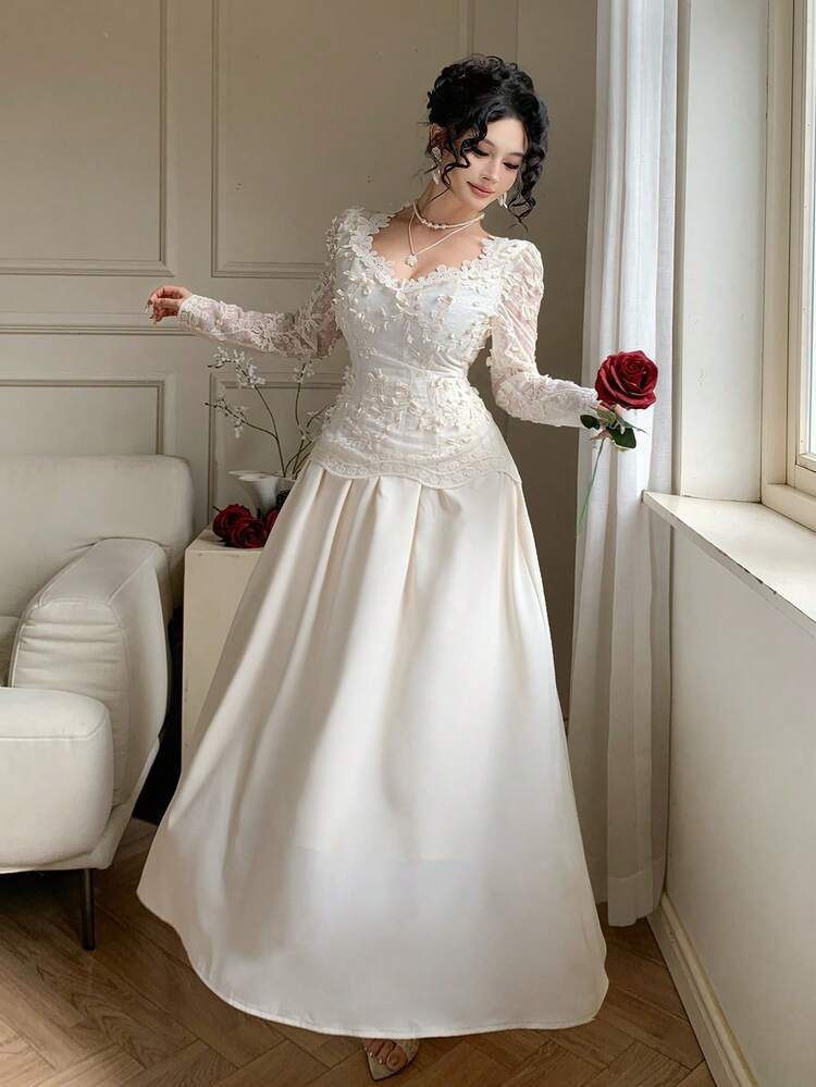 Spring & Summer White Lace Dress, Fashion Party Gown, Elegant Slim Fit Formal Dress For Wedding, Banquet, Prom, Commute, Sheer Mesh Patchwork Waist Flared Dress For Women Sundress