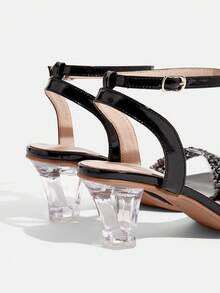 CUCCOO TILAWA 女鞋时尚优雅，异形水晶鞋跟，玻璃水钻黑色高跟凉鞋，适合宴会、派对等场合。 - 黑色 - 查看 4