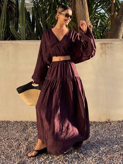 Livesso Bohemian Style Loose Casual Chiffon Cropped Top And Flared Skirt 2 Piece Set, Fashion For Women, Spring/Summer