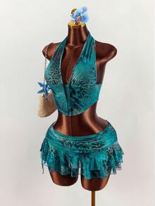 Amplova 2pcs Women Leopard Print Sexy Tie-Dye Halter Top And Ultra Low-Waist Mini Skirt Set - Multicolor - View 4