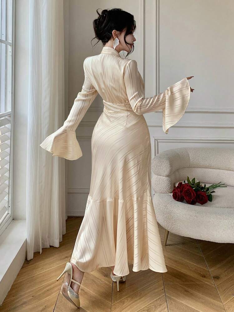Women's Elegant Striped Tie-Up Flare Sleeve Dress, Spring/Summer Wedding Guest Dress Sundress
