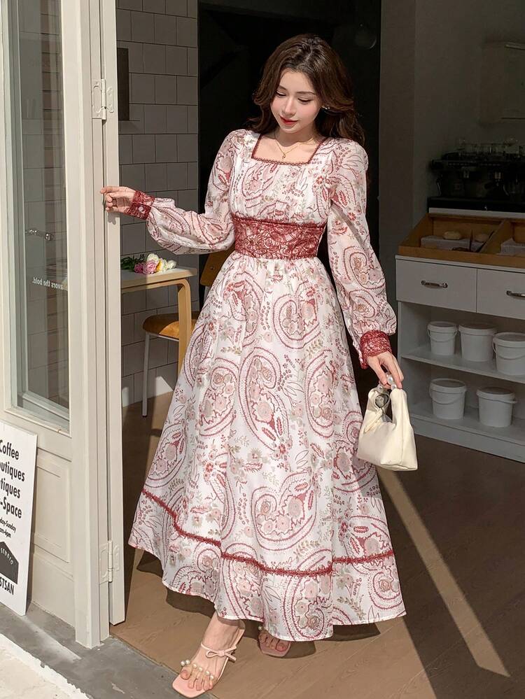 Women's Elegant Floral Print Square Collar Lantern Sleeve Lace Patchwork Dress, Spring/Summer Wedding Guest Dress Sundress Boho