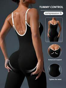 Easithlete 女士夏季撞色滚边露背吊带连体裤 - 黑與白 - 查看 2