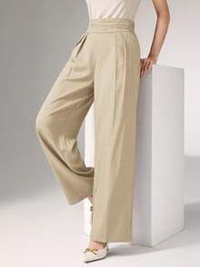 Heiryn Pleated High Waist Elegant Commuter Wide Leg Pants In Fall/Winter - Khaki - View 2