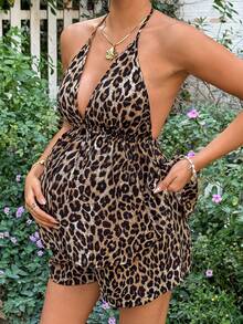 Lyckli Maternity Clothes Nursing Two-Piece Set Spring And Summer Pregnant Clothes Brown Maternity Two-Piece Set With Halter Neck And Leopard Print Shorts, Comfortable And Casual For Vacation - Brown - View 4