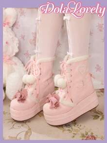 Dola Lovely Bottes courtes femme à semelle épaisse avec décoration en nœud et fourrure - Rose bonbon - Voir 1