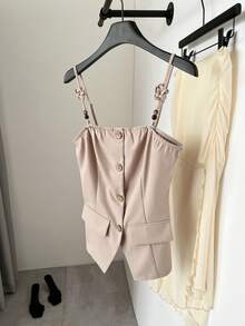 SHEIN Frenchy Blusa de mujer estilo francés rosa empolvado con un solo botón y fruncido,top corsé elegante para vacaciones de verano,decoración de bolsillo,moda para ir al trabajo,uso diario y brunch - Albaricoque - Ver 5
