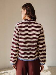 Anewsta Marine Life Striped Pattern Contrast Binding Tie Front Cardigan - Multicolor - View 3