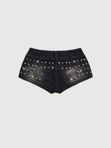 ROMWE Avant Spring/Summer Fashionable Avant-Garde Rivet Distressed Mini Low-Waist Denim Shorts - Black - View 2