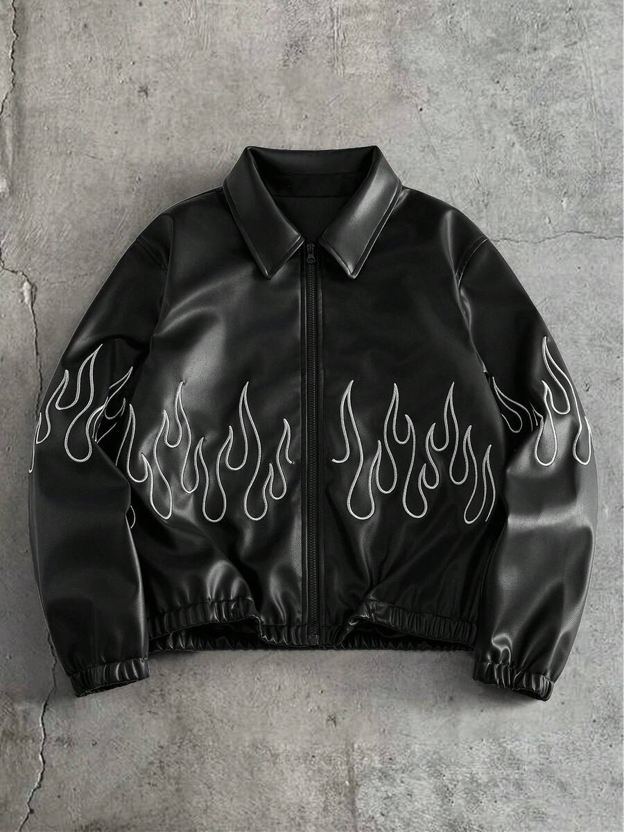 AXEPEAK Áo khoác nam thời trang mùa thu thêu họa tiết ngọn lửa, khóa kéo - màu đen - Xem 1