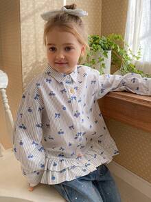 DAZY Young Girl Striped Bow Print Long Sleeve Ruffle Hem Cute Blouse Spring - Multicolor - View 4