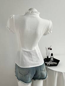 Elamini 女士白色V领荷叶边修身泡泡袖衬衫 - 白色 - 查看 2