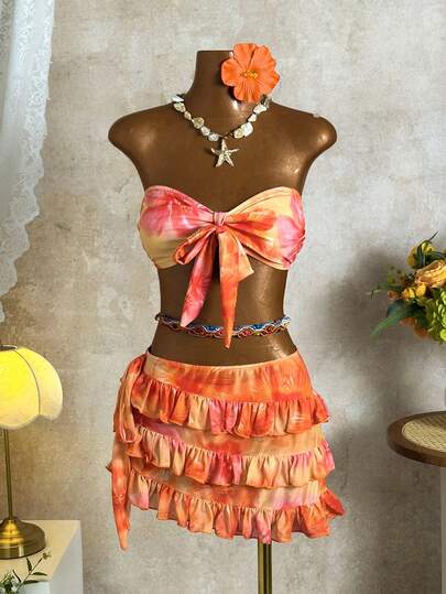 Soleia Beach Set Summer Vacation Outfits Women Elegant Women's Beach Swimsuit Women's Summer Vacation Beach Floral Print Bandeau Bikini Set And Ruffle Hem Skirt