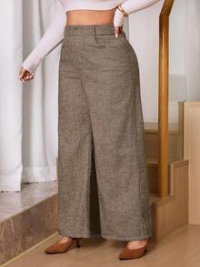SHEIN Tall CURVE Plus Size Women High Waist Pockets Wide Leg Loose Elegant Office Pants Wide Leg Pants Women Wide Leg Pants Brown Pants For Women Knit Wide Leg Pants Tall Wide Leg Pants, Daily Life, Commuting, School, Teachers, Meetings, Going Out, Leisure, With Pocket, High-Waisted, Straight Leg Pants , Spring Women , Casual For Women , Women's Pants - Khaki - View 3