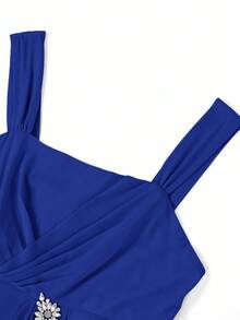 Ellevyn Plus Size Elegant Solid Color Heart Print Knitted Elastic A-Line Dress With Rhinestone Decor, Dress And Jacket Set - Royal Blue - View 9