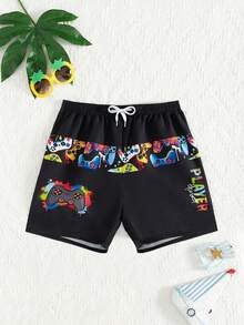 SHEIN Boys' Video Game Print Elastic Waist Drawstring Beach Shorts, Fashionable Casual Swim Trunks