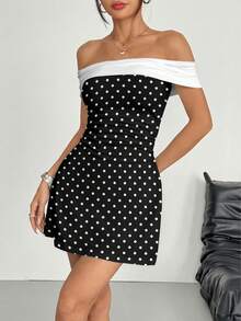 SHEIN EZwear Đầm ngắn nữ kiểu dáng retro giản dị, nền đen, họa tiết chấm bi trắng khắp thân đầm, thích hợp cho các bữa tiệc mùa xuân/hè, trang phục vintage. - Nhiều màu - Xem 6