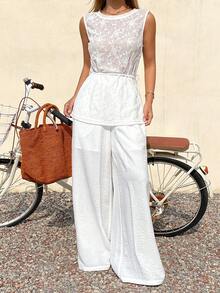 DAZY 两件套女士蕾丝透视圆领上衣和阔腿裤，带垂褶斜插口袋 - 白色 - 查看 7