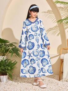 SHEIN Tween Girls' Casual Middle Eastern Arabic Style Seashell Print Robe, Vacation Vibe - Blue - View 6
