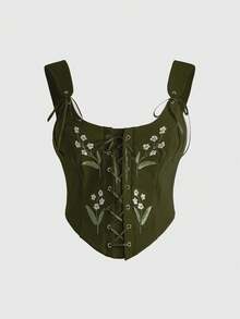 ROMWE Fairycore Spring/Summer Plus Size Floral Embroidered Vintage Palace Style Camisole And Tank Top - Green - View 1