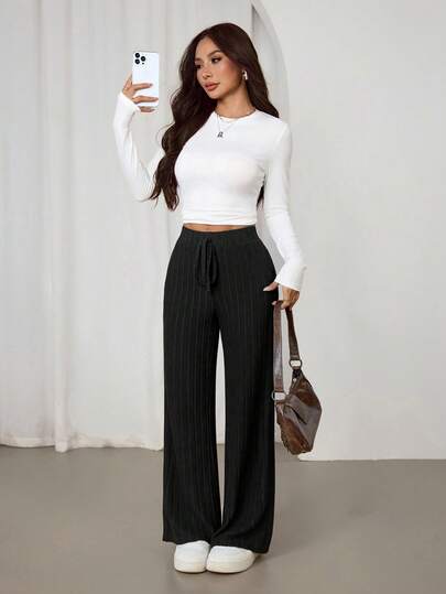 SHEIN PETITE Solid Tie Front Ribbed Knit Baggy Grain Fabric Pants