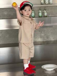 DAZY Baby Boy Front Button Collar Casual Shirt + Shorts T-Shirt Set Summer - Apricot - View 8