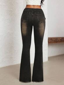 SHEIN PETITE Vintage Washed Low Waist Flare Leg Jeans - Grey - View 2