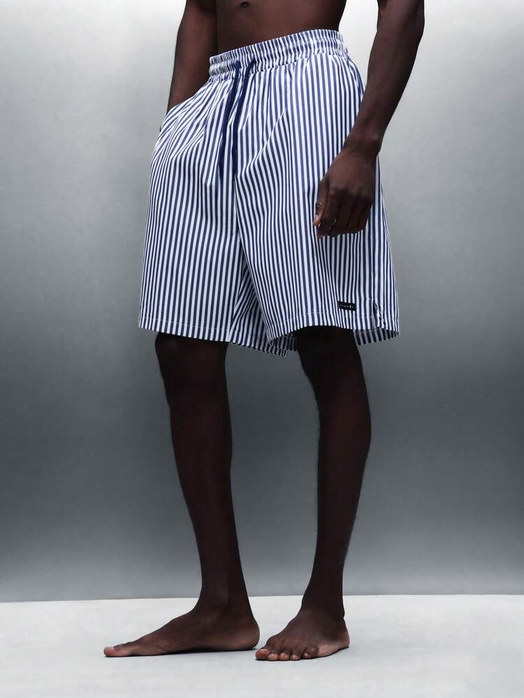 PLAYBOY X SUMWON Vertical Striped Relaxed Fit Elastic Waist Lounge Shorts With Side Slits For Summer Casual Wear