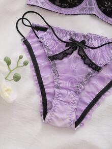 DelicateAllure 粉色和黑色蕾丝内衣套装，镂空钩编工艺，性感细肩带设计，亲肤舒适 - 淡紫色 - 查看 4