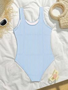 SHEIN 少女连体泳衣，可爱蓝白条纹针织面料无袖连体裤，时尚优雅，适合游泳、夏季度假、海滩、泳池、节日派对等场合 - 白色 - 查看 8