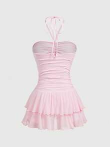 ROMWE Avant Women's Sexy Halter Neck Ruffle Trim Gathered Mini Dress - Pink - View 2