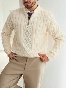 Manfinity CityGents Áo len dệt kim trơn màu thường ngày cho nam, Thu/Đông - Màu be - Xem 6