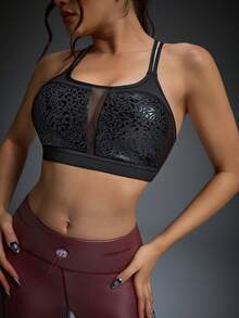 Innovista Women's Leopard Print Contrast Mesh Cropped Camisole, Other Dance Wear Leopard Sport Bra Black High-Stretch Leopard Jacquard Sports Bra, Breathable Mesh Front/Back, Removable Pads, Strappy Cross Back, Medium-High Support Sculpting | Gym HIIT Training Yoga Pilates Running | Top Deportivo Leopardo Negro Malla Copas Removibles Tiras Cruzadas | Gymtok Athleisure - Black - View 5