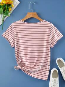 INAWLY Women's Outdoor Tops, New Summer Design, Colorful Striped Print Pattern, Casual Outdoor Daily Wear, Fashionable V-Neck Short Sleeve T-Shirt, Pink - Pink - View 2