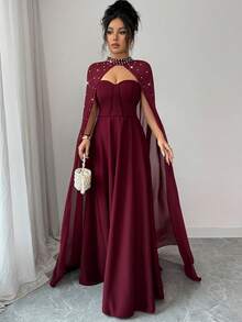 SHEIN Elenzya Pearl Decor Waist Cinched A-Line Elegant Romantic Sophisticated Women Party Dress, Lightweight Cocktail Gown - Burgundy - View 3