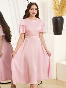 优雅珍珠装饰立领长袖双层荷叶边下摆中长连衣裙，适合派对、日常外出和轻度正式场合。 - 粉色 - 查看 6