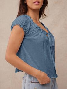 WESTFADE Áo nữ dệt thô, cổ tròn, tay phồng ngắn, thắt nơ phía trước, kiểu dáng xòe, thoải mái, dễ thương, thích hợp cho kỳ nghỉ hè. - Màu xanh nhạt - Xem 5