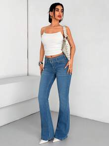 SHEIN Cottnline Low Waist Belted Flare Jeans - Medium Wash - View 5
