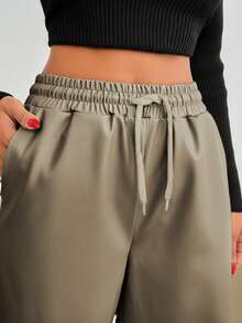 EURMUSE Solid Color, Pu Leather, Elastic Waist, Drawstring, Straight Fit Pants - Mocha Brown - View 5