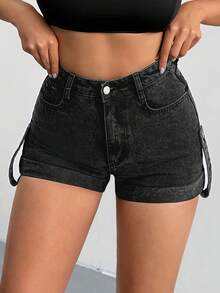 EURMUSE High Waist Button Detailed Denim Short - Black - View 4