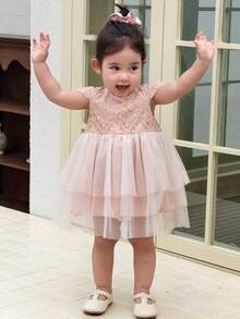 DAZY Toddler Girls' Round Neck Lace Casual Mesh Patchwork Party Birthday Short Sleeve Dress - Pink - View 5