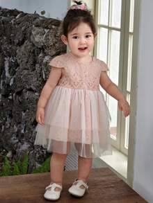 DAZY Toddler Girls' Round Neck Lace Casual Mesh Patchwork Party Birthday Short Sleeve Dress - Pink - View 11